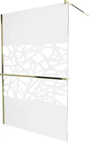 Sprchové dvere MEXEN/S - KIOTO Sprchová zástena WALK-IN s poličkou a držiakom uterákov 100 x 200, transparent/bialy vzór 8 mm, zlatá 800-100-121-50-85