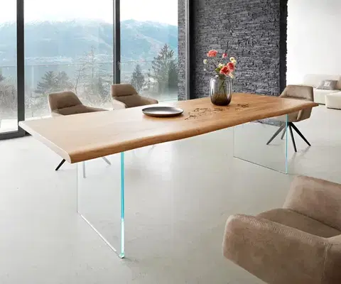 Jedálenské stoly DELIFE Jedálenský stôl Edge 260x100 akácia prírodná sklo Live-Edge
