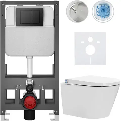 Záchody CERANO - Závesné WC s bidetom Basic/Cronus Standard - biela lesklá - WC tlačidlo Maxio/Čierna - voľne stojaca - predstenová inštalácia - 59,3x38,4 CER-8050BD86442