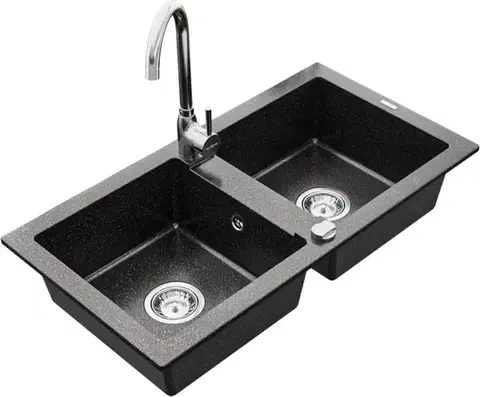 Kuchynské drezy MEXEN/S MEXEN/S - Mario granitový drez 2-bowl vrátane batérie Telma, čierna kropenatý 6504-76-670200-00