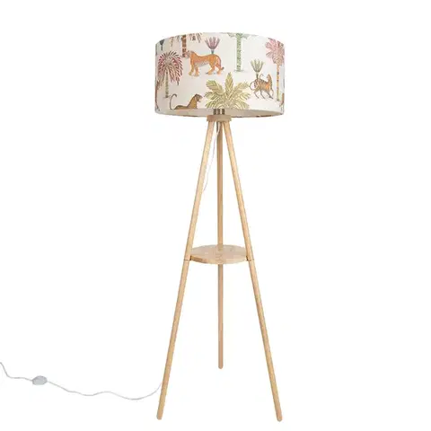 Stojace lampy Drevená stojacia lampa s trojnožkou s viacfarebným tienidlom so zvieracou potlačou 50 cm - Lou