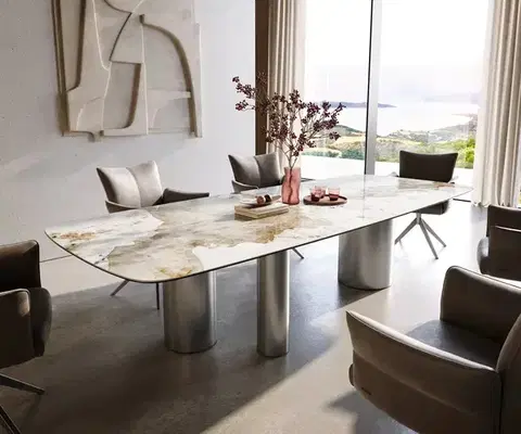 Jedálenské stoly DELIFE Jedálenský stôl Edge zaoblený tvar 300×120 cm keramika Minas Melange bielo-béžová Troa nerezová oceľ kefovaná