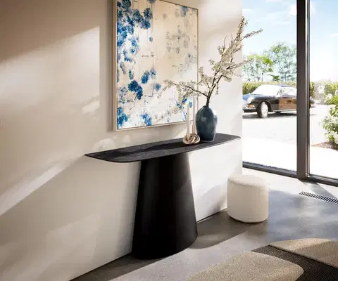 Konzolové stolíky DELIFE Konzolový stolík Edge zaoblený 140×40 cm keramika Laminam® Nero Greco antracitová kužeľová kovová čierna