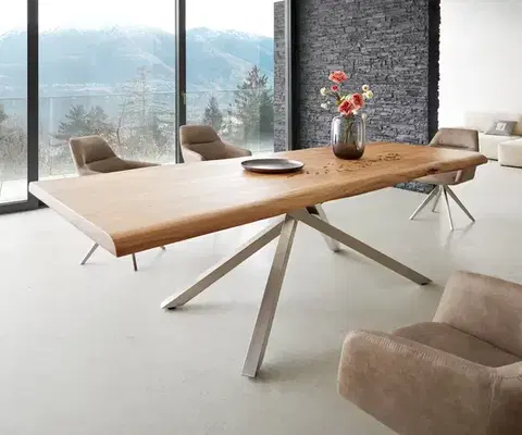 Jedálenské stoly DELIFE Jedálenský stôl Edge 260x100 XL akácia prírodná krížová podstava obdĺžnik nerezová oceľ Live-Edge