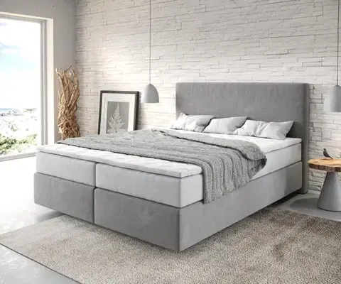 Postele Boxspring DELIFE Boxspring posteľ Dream-Well 160x200 cm mikrovlákno sivá s vreckovou pružinovou matracou a visco topperom