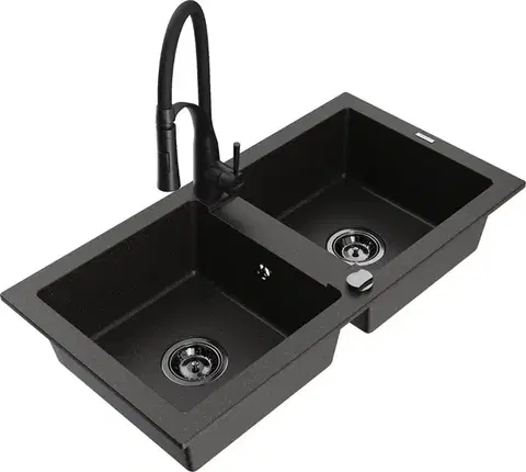Kuchynské drezy MEXEN/S MEXEN/S - Mario granitový drez 2-bowl vrátane batérie Aster, čierna/zlatá metalik 6504-75-73450-70-B