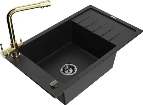Kuchynské drezy MEXEN/S MEXEN/S - Elias granitový drez 1-miska vrátane batérie Duero, čierna 6511-77-671600-50-B