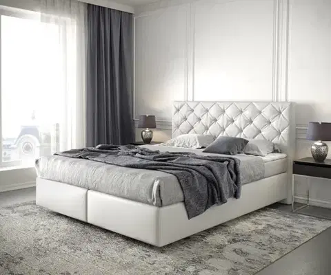 Postele Boxspring DELIFE Boxspring posteľ Dream-Great 160×200 cm umelá koža biela s matracom a topperom