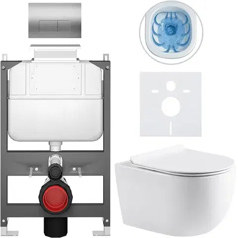 Záchody CERANO - Kompletný WC set Basic/Felci - biela lesklá - WC tlačidlo Modulo/Strieborná - ovládanie zhora - predstenová inštalácia - 53x37 CER-8050BD86100
