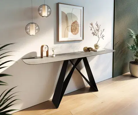 Konzolové stolíky DELIFE Konzolový stolík Edge zaoblený 180×40 cm keramika betónová sivá Velio kov čierna
