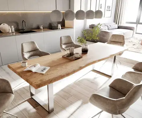 Jedálenské stoly DELIFE Jedálenský stôl Edge 280x100 cm XL akácia prírodná nerezová oceľ úzky Live-Edge