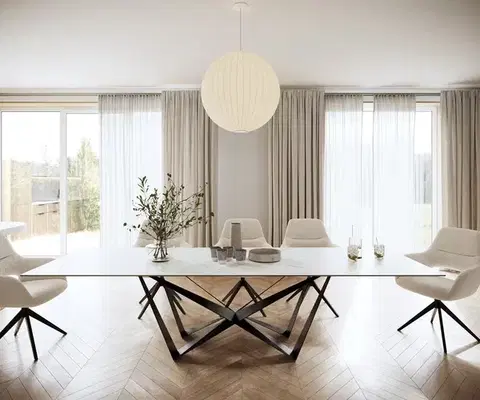 Jedálenské stoly DELIFE Jedálenský stôl Edge 300x100 cm keramika Laminam® Statuarietto biela stredová podstava plochá oceľ čierna