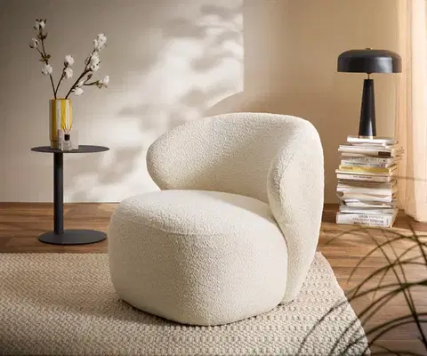 Lounge kreslá DELIFE Lounge kreslo Pulo 80x80 cm bouclé biela