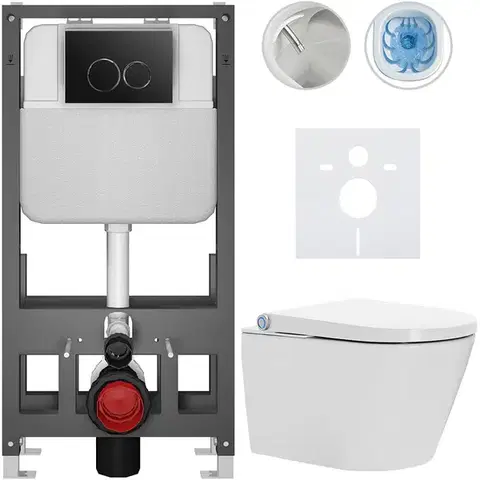 Záchody CERANO - Závesné WC s bidetom Basic/Cronus Standard - biela lesklá - WC tlačidlo Dualo/Čierna - voľne stojaca - predstenová inštalácia - 59,3x38,4 CER-8050BD86427