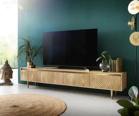 Televízne stolíky DELIFE TV stolík Budaya 220 cm mango prírodná 4 dvierka podstava okrúhla
