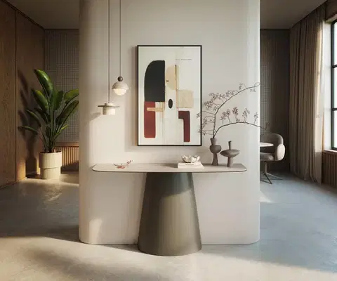 Konzolové stolíky DELIFE Konzolový stolík Edge zaoblený 140×40 cm keramika Laminam® Travertino Bianco krémovo biela Conos kov titánová farba