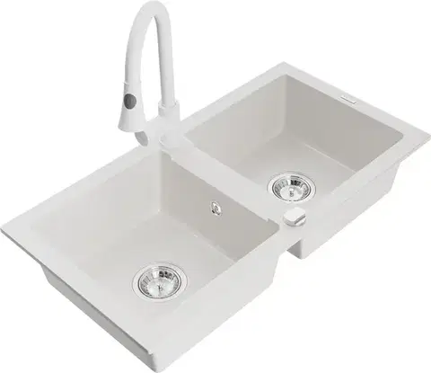 Kuchynské drezy MEXEN/S MEXEN/S - Mario granitový drez 2-bowl vrátane batérie Elia, biela 6504-20-670101-20