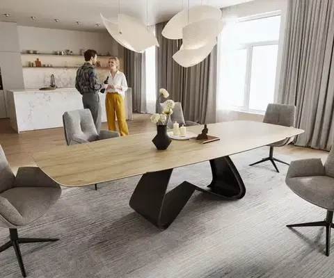 Jedálenské stoly DELIFE Jedálenský stôl Edge zaoblený tvar 200-300×120 cm keramika Laminam® sabbia v dubovej farbe podstava v tvare W kov čierna rozkladací
