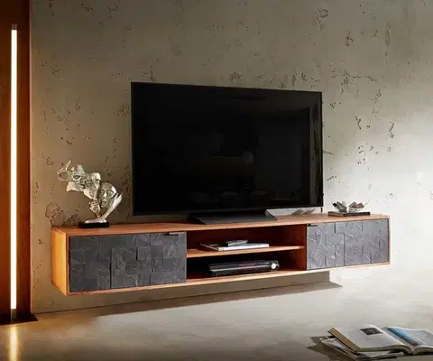 Televízne stolíky DELIFE TV stolík Teele 200 cm akácia prírodná bridlica 2 dvierka závesný