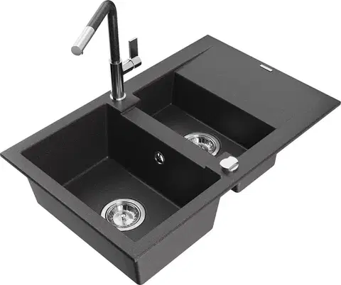 Kuchynské drezy MEXEN/S MEXEN/S - Gaspar granitový drez 1.5 s odkvapkávačom vrátane batérie Flora, čierna kropenatá 6507-76-670401-08