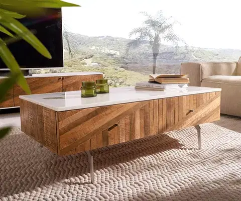 Konferenčné stolíky DELIFE Konferenčný stolík Bahan 115x60 cm mango teak 2 zásuvky mramorová doska biela podstava v tvare L nerezová oceľ