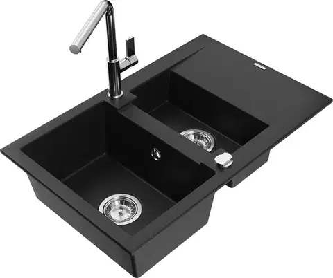 Kuchynské drezy MEXEN/S MEXEN/S - Gaspar granitový drez 1.5 s odkvapkávačom vrátane batérie Flora, čierna 6507-77-670401-00