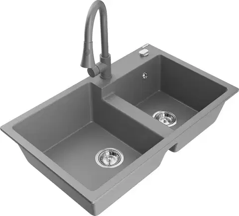 Kuchynské drezy MEXEN/S MEXEN/S - Tomas granitový drez 2-bowl vrátane batérie Elia, šedá 6516-71-670101-71