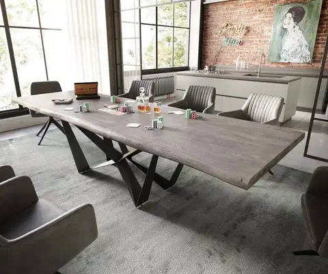 Jedálenské stoly DELIFE Jedálenský stôl Edge 300x100 XL akácia platinová pavúk plochá oceľ čierna Live-Edge