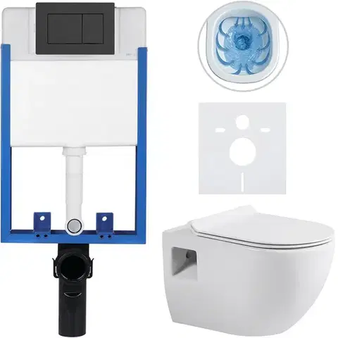 Záchody CERANO - Kompletný podomietkový WC set Lite/Dure - biela lesklá - WC tlačidlo Classic, čierne matné - na zamurovanie - 51x35 CER-665863