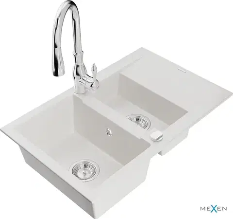 Kuchynské drezy MEXEN/S MEXEN/S - Gaspar granitový drez 1.5 s odkvapkávačom vrátane batérie Savita, biela 6507-20-672601-00