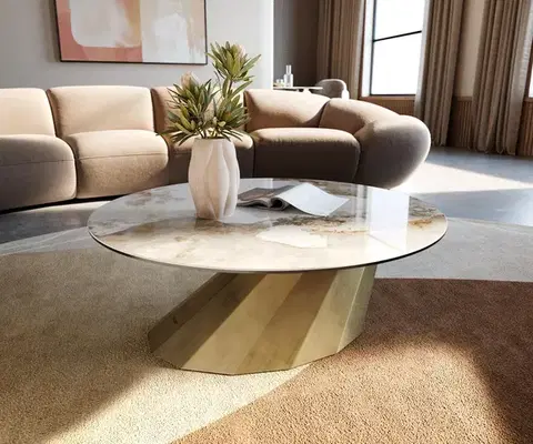 Konferenčné stolíky DELIFE Konferenčný stolík Edge okrúhly 90x90 cm keramika Minas Melange Parabi metalická zlatá