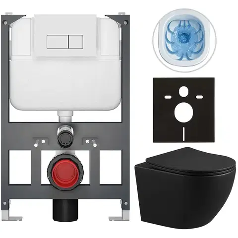 Záchody CERANO - Kompletný WC set Basic/Cesso - čierna matná - WC tlačidlo Modulo/Biela - závesné - nízky modul - predstenová inštalácia - 49x36 CER-8050BD86364