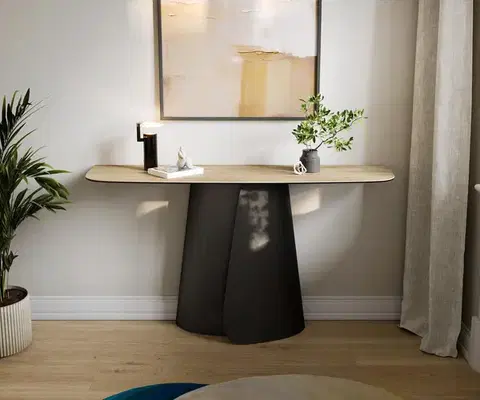 Konzolové stolíky DELIFE Konzolový stolík Edge zaoblený 140×40 cm keramika Laminam® sabbia dubová farba Livos kov čierna