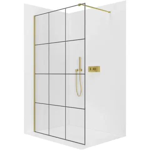 Sprchové dvere CERANO - Sprchová zástena Walk-in Onyx Cube Ľ/P - 8 mm - hranatá vzpera - zlatá, industriálne sklo - 90x200 CER-8050BD493