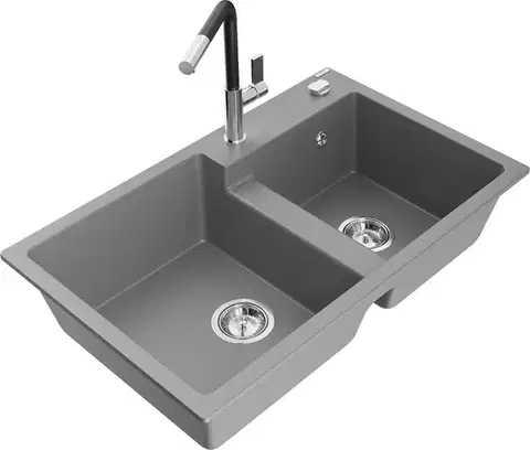 Kuchynské drezy MEXEN/S MEXEN/S - Tomas granitový drez 2-bowl vrátane batérie Flora, šedá 6516-71-670401-07