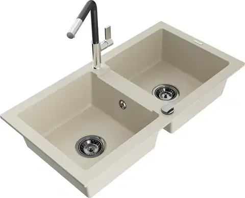 Kuchynské drezy MEXEN/S MEXEN/S - Mario granitový drez 2-bowl vrátane batérie Flora, béžová 6504-69-670401-07-B
