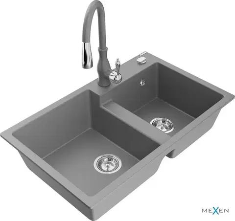 Kuchynské drezy MEXEN/S MEXEN/S - Tomas granitový drez 2-bowl vrátane batérie Savita, šedá 6516-71-672601-71