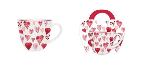 Hrnčeky, šálky, podšálky DUO - Hrnček 460ml HEARTS 1, biely a červené srdcia, porcelán