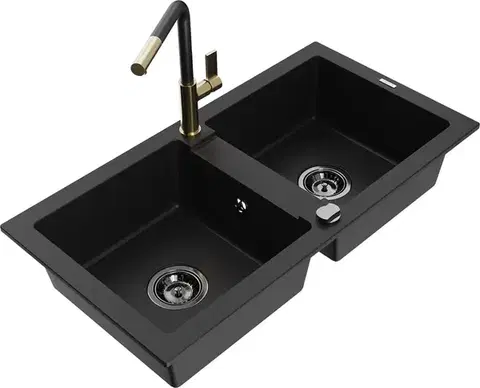 Kuchynské drezy MEXEN/S MEXEN/S - Mario granitový drez 2-bowl vrátane batérie Flora, čierna 6504-77-670401-57-B