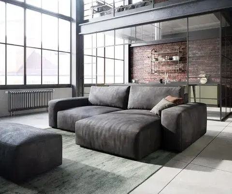 Rohové sedacie súpravy DELIFE Rohová pohovka Lanzo 230x155 cm imitácia kože vintage antracitová ležadlo variabilné s taburetom
