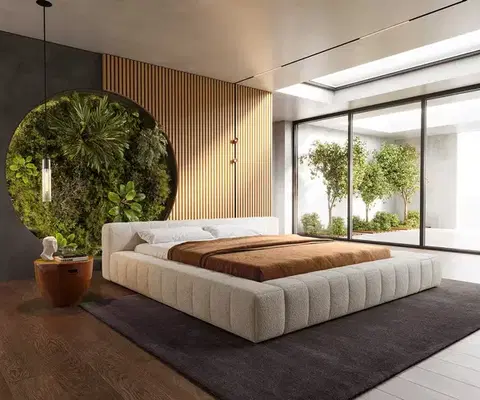 Čalúnené postele DELIFE Čalúnená posteľ Espazio 180x200 cm bouclé krémovo biela s úložným priestorom