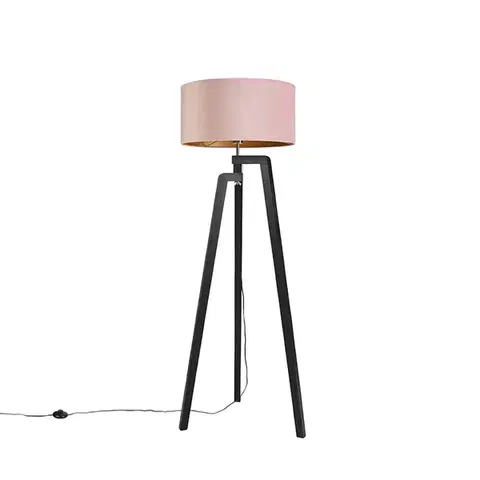 Stojace lampy Stojaca lampa trojnožka čierna s ružovým tienidlom a zlatom 50 cm - Puros