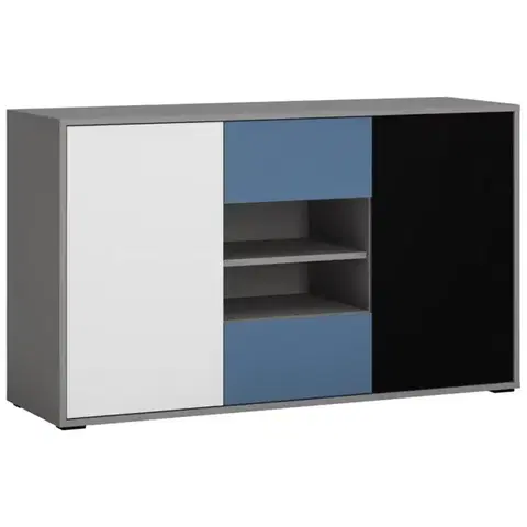 Komody do spálne Komoda Laser LASK02B 2D2S platinovo sivá/čierna perla/alpská biela/modrá
