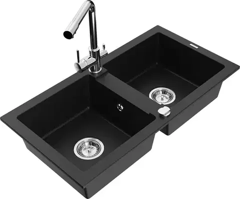 Kuchynské drezy MEXEN/S MEXEN/S - Mario granitový drez 2-bowl vrátane batérie Duero, čierna 6504-77-671600-00