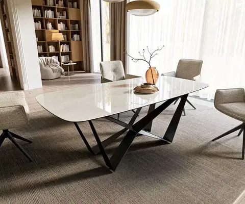 Jedálenské stoly DELIFE Jedálenský stôl Edge zaoblený tvar 200x100 cm keramika onyx šampanské pavúk plochá oceľ čierna