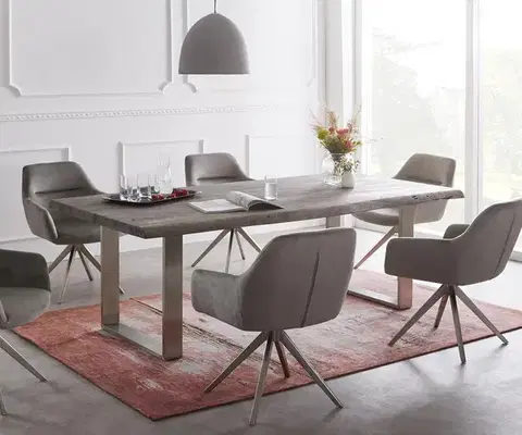 Jedálenské stoly DELIFE Jedálenský stôl Edge 200x100 XL akácia platinová nerezová oceľ úzky Live-Edge