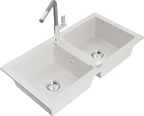 Kuchynské drezy MEXEN/S MEXEN/S - Mario granitový drez 2-bowl vrátane batérie Flora, biela 6504-20-670401-06