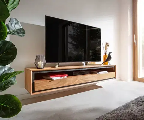 Televízne stolíky DELIFE TV stolík Stonegrace 175 cm akácia prírodná 1 priehradka 3 zásuvky kamenná dyha závesný