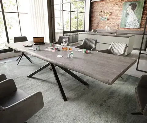 Jedálenské stoly DELIFE Jedálenský stôl Edge 300x100 XL akácia platinová krížová podstava obdĺžnik čierna Live-Edge