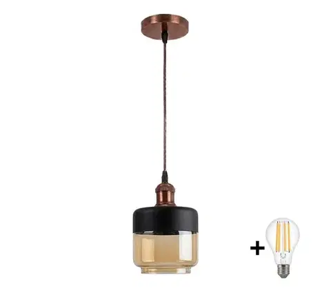 Svietidlá BRILAGI-LED Závesné svietidlo na lanku R GLASS 1xE27/60W/230V priemer 14 cm meď/dymová béžová/čierna NSTK7324+AI0179